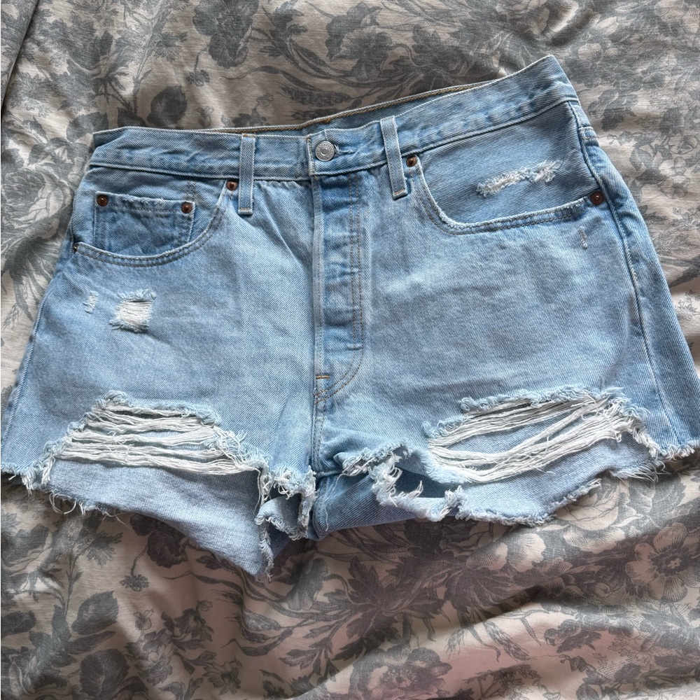 Levi's Blue Distressed Jean Shorts with Frayed Hem